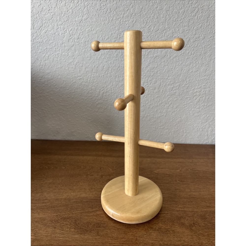 Vintage Pomerantz Wooden Oak 14" Mug Tree Holder Rack Stand for 6 Coffee Cups